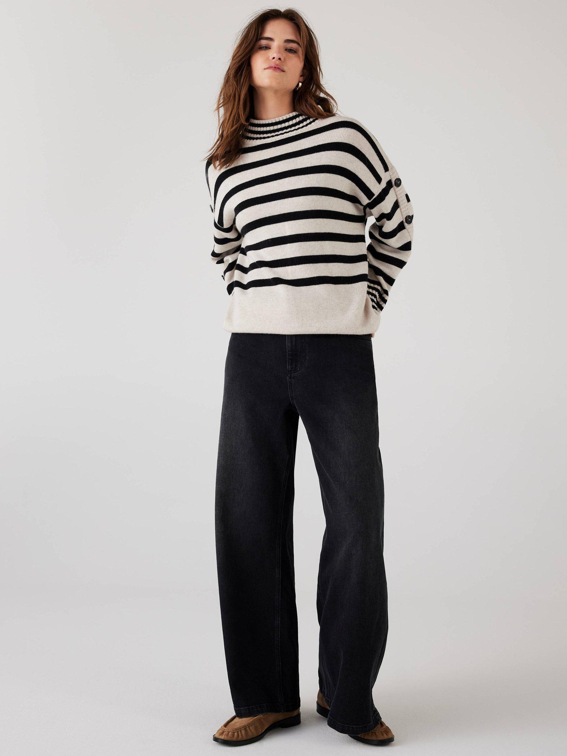 Product image 3 of 8, which shows Mint Velvet Stripe Longline Jumper, Natural Stone, XS