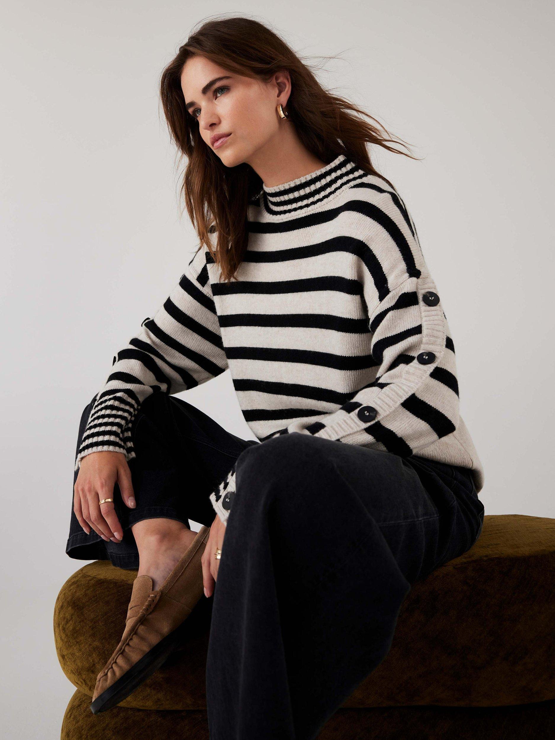 Product image 4 of 8, which shows Mint Velvet Stripe Longline Jumper, Natural Stone, XS