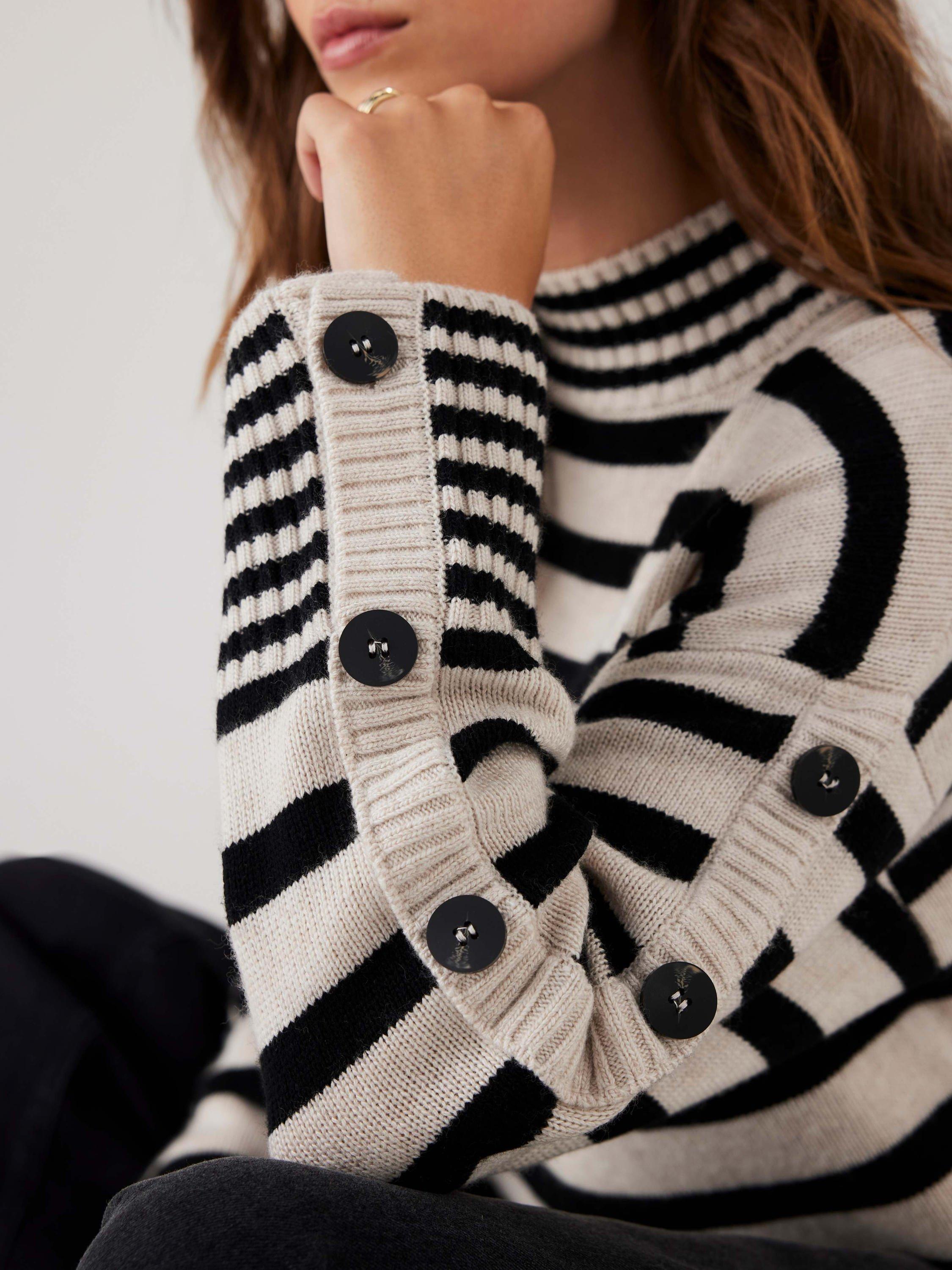 Product image 5 of 8, which shows Mint Velvet Stripe Longline Jumper, Natural Stone, XS