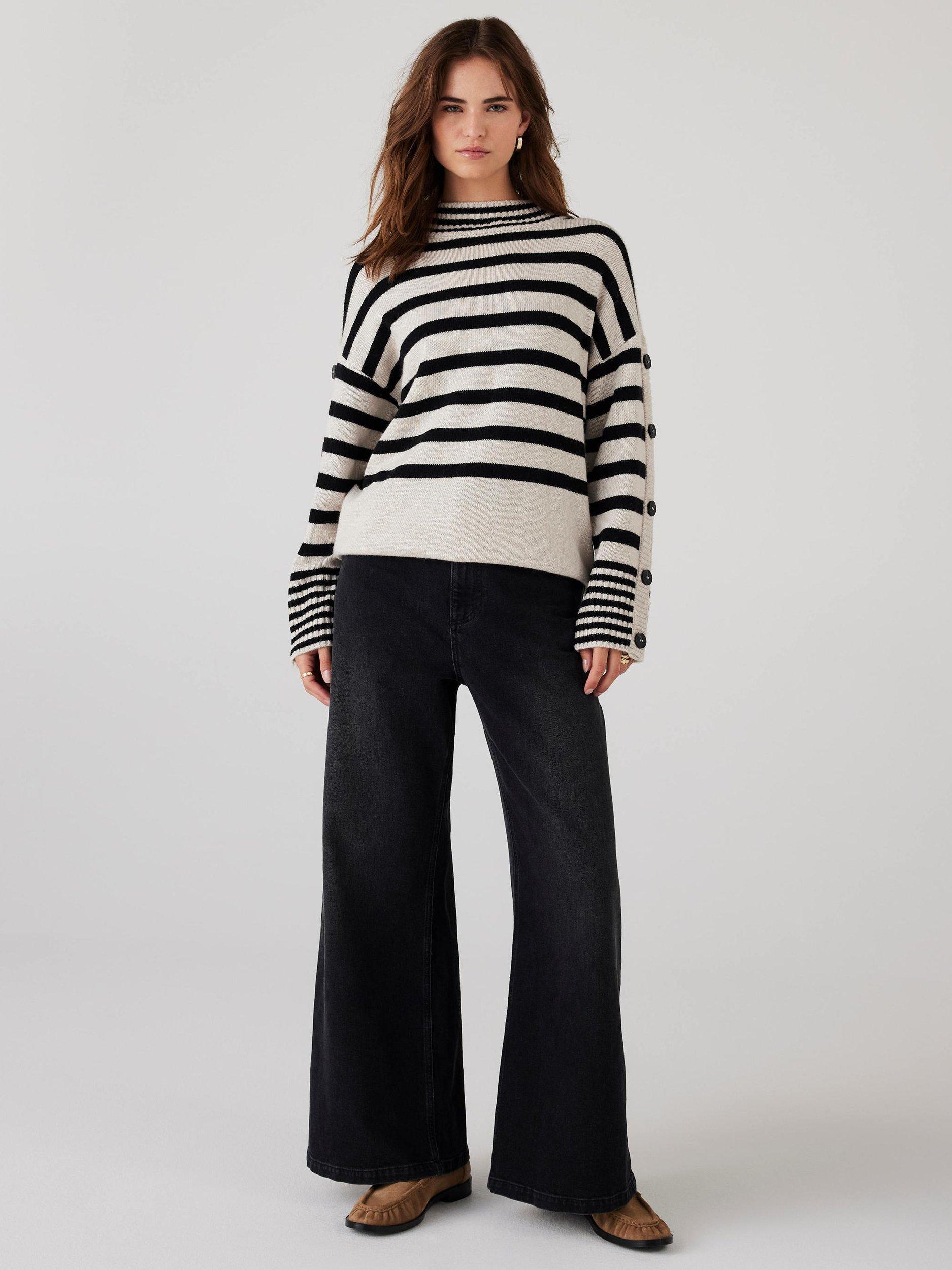 Product image 6 of 8, which shows Mint Velvet Stripe Longline Jumper, Natural Stone, XS