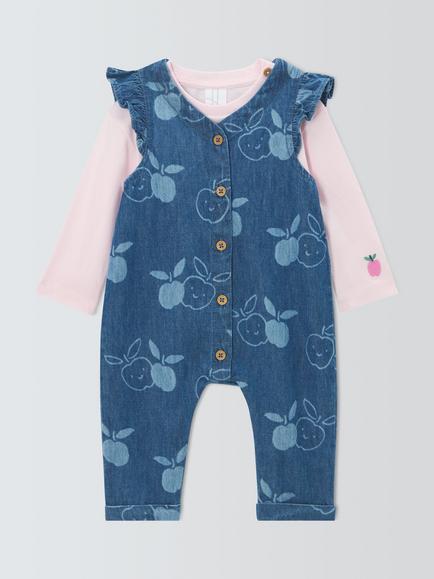John Lewis Baby Apple Dungarees & Long Sleeve Top Set, Blue, Blue
