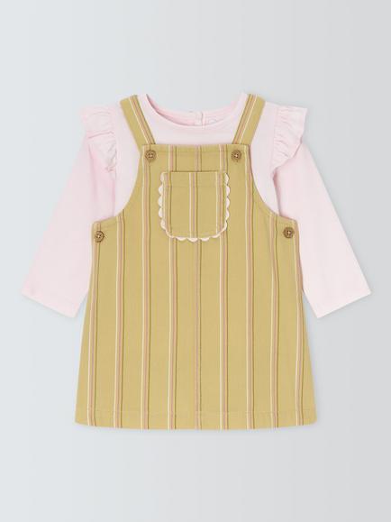 John Lewis Baby Stripe Pinafore & Long Sleeve Top, Green, Green