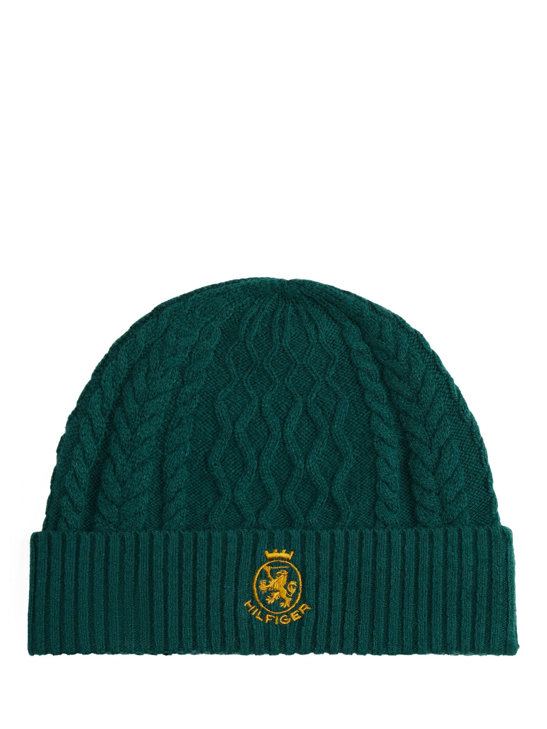 Product image 1 of 3, which shows Tommy Hilfiger Wool Blend Crest Cable Knit Beanie, Green/Yellow, One Size