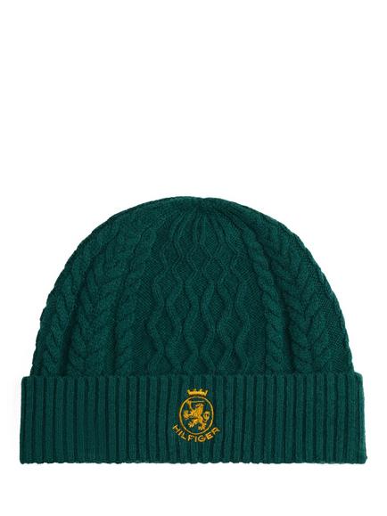 Tommy Hilfiger Wool Blend Crest Cable Knit Beanie, Green/Yellow