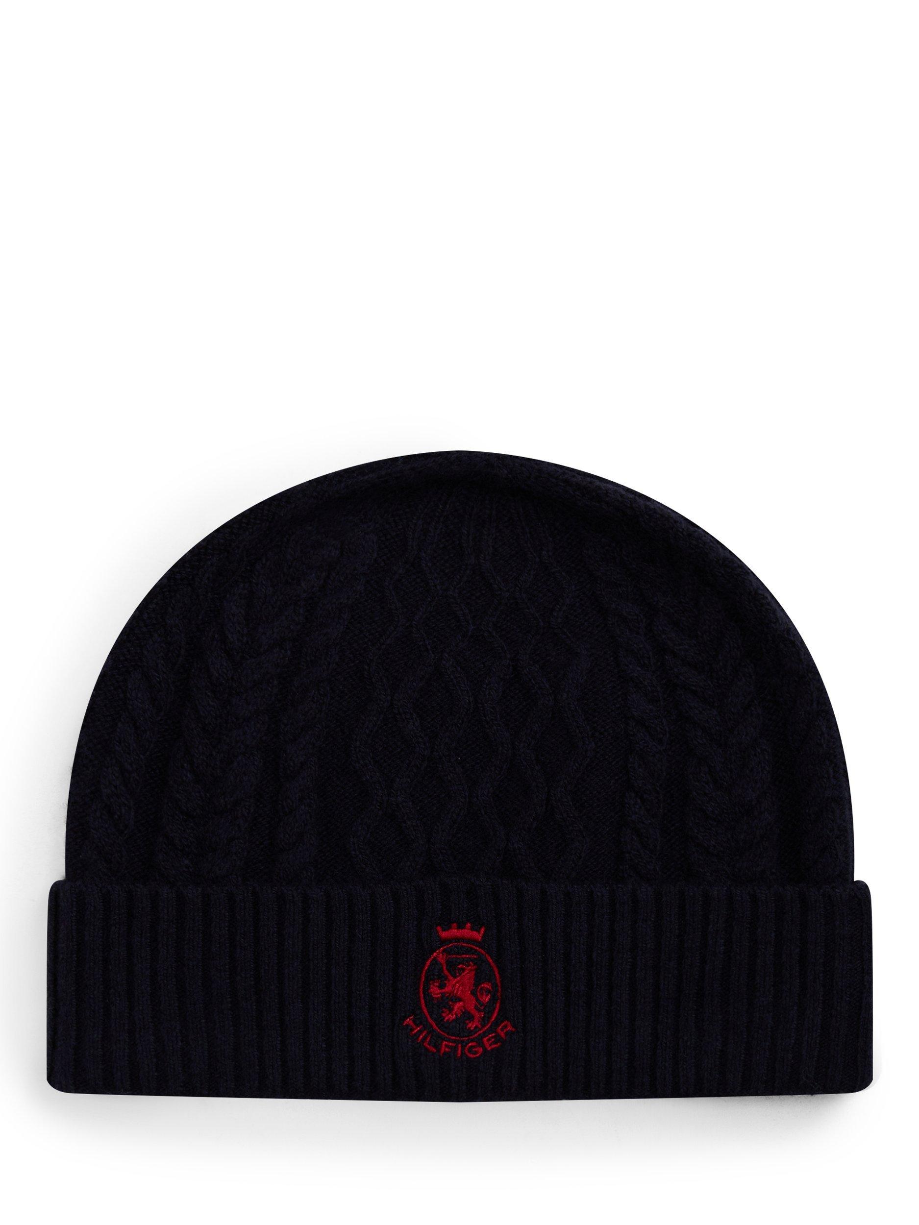 Product image 1 of 4, which shows Tommy Hilfiger Wool Blend Crest Cable Knit Beanie, Space Blue/Red, One Size