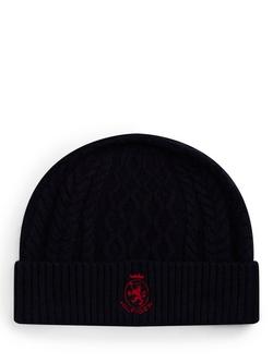 Tommy Hilfiger Wool Blend Crest Cable Knit Beanie, Space Blue/Red