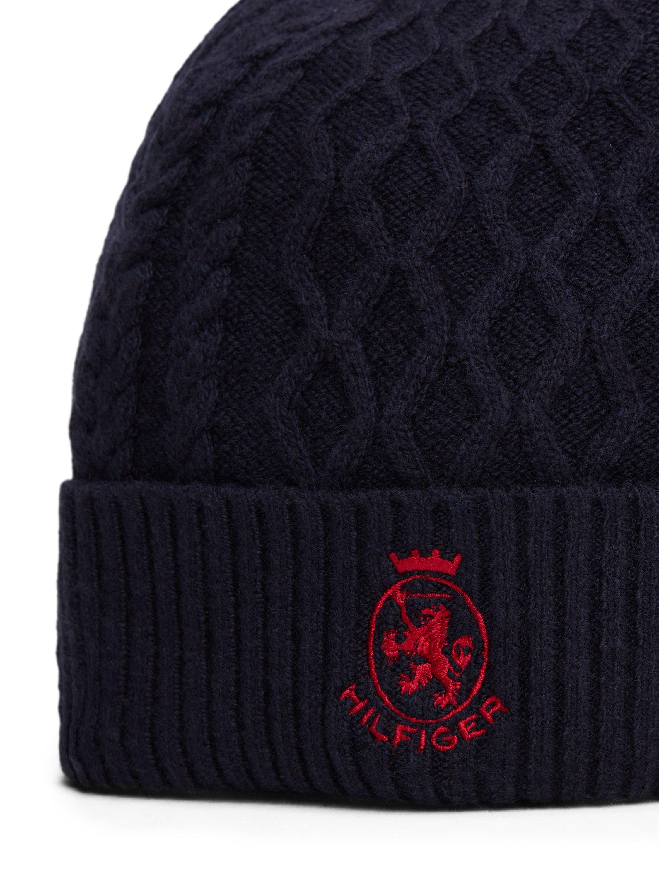 Product image 3 of 4, which shows Tommy Hilfiger Wool Blend Crest Cable Knit Beanie, Space Blue/Red, One Size