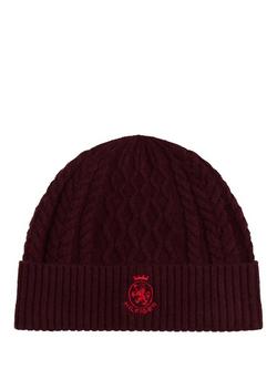 Tommy Hilfiger Wool Blend Crest Cable Knit Beanie, Deep Burgundy/Blue