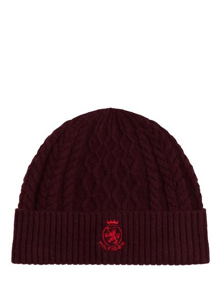 Tommy Hilfiger Wool Blend Crest Cable Knit Beanie, Deep Burgundy/Blue