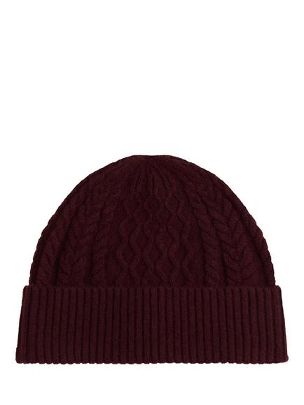 Tommy Hilfiger Wool Blend Crest Cable Knit Beanie - view 2, Deep Burgundy/Blue