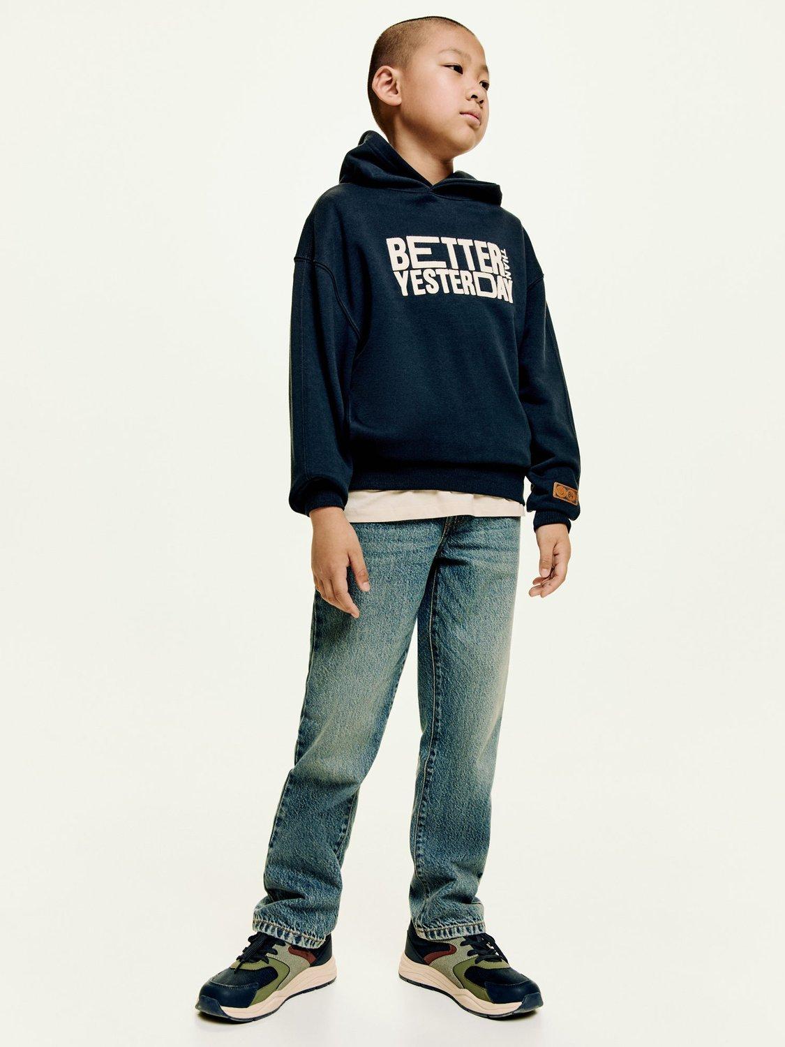 Product image 1 of 5, which shows Mango Kids' Cotton Blend Slogan Hoodie, Navy, 5-6 years