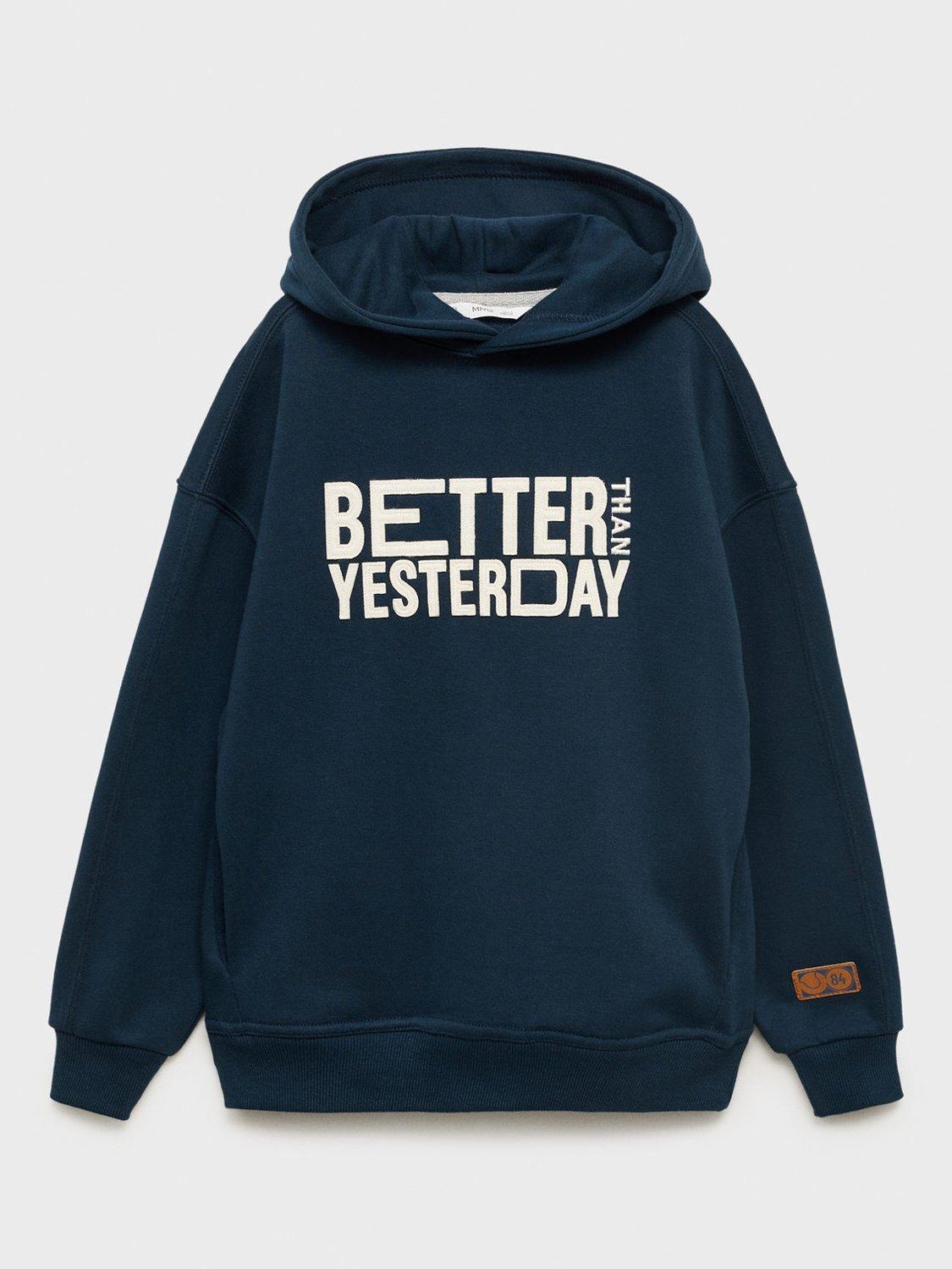 Product image 2 of 5, which shows Mango Kids' Cotton Blend Slogan Hoodie, Navy, 5-6 years