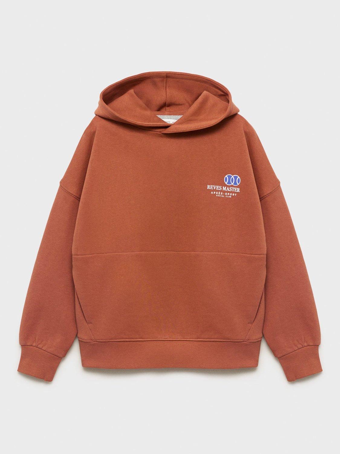 Product image 1 of 4, which shows Mango Kids' Reves Cotton Bold Slogan Hoodie, Medium Orange, 9-10 years