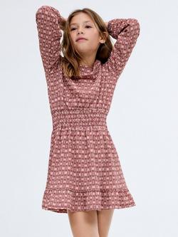 Mango Kids' Long Sleeved Cold Shoulder Abstract Dress, Dark Red, Dark Red