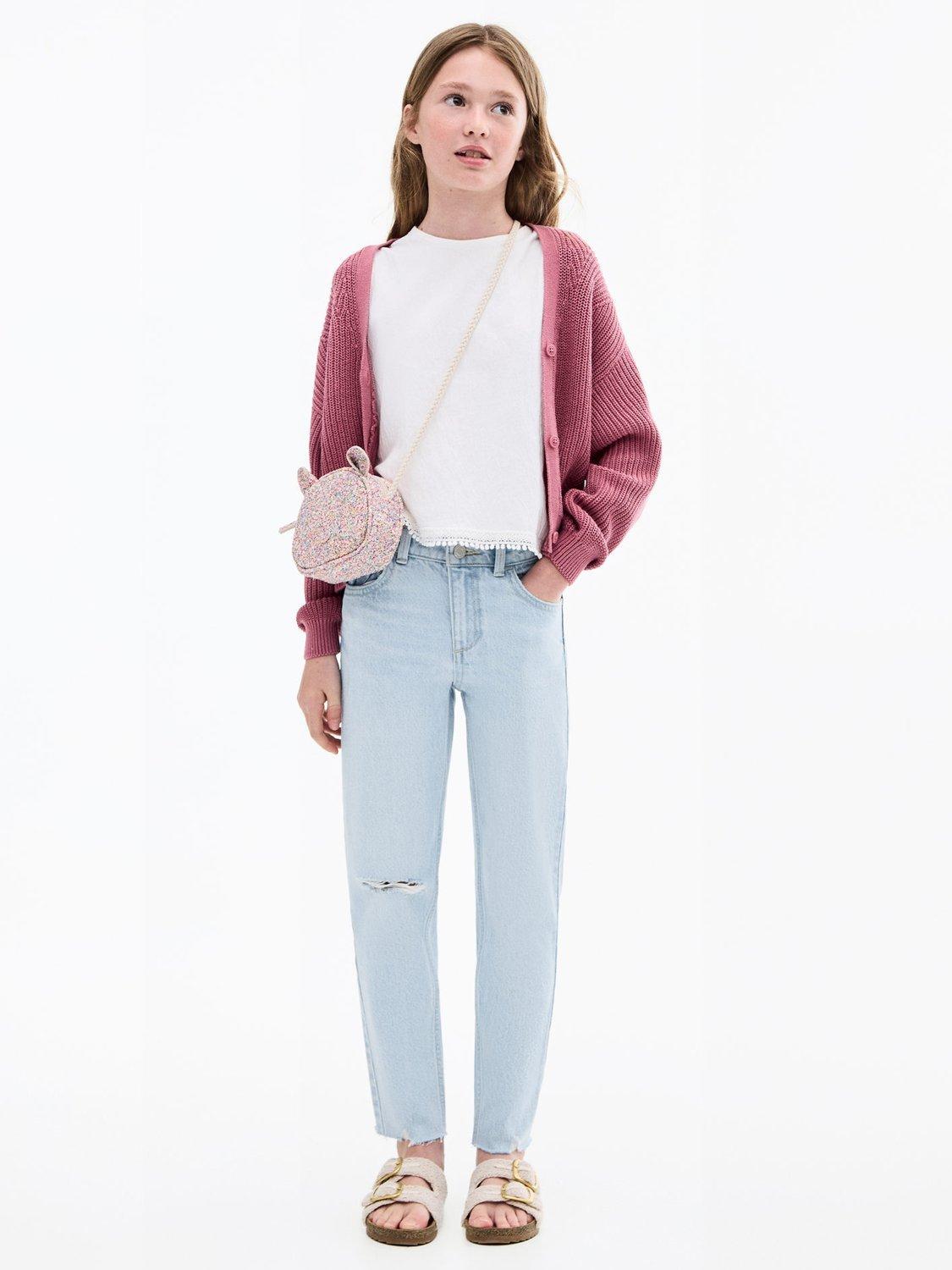 Product image 1 of 5, which shows Mango Kids' Mom Fit Decorative Fit Jeans, Open Blue, 10 years