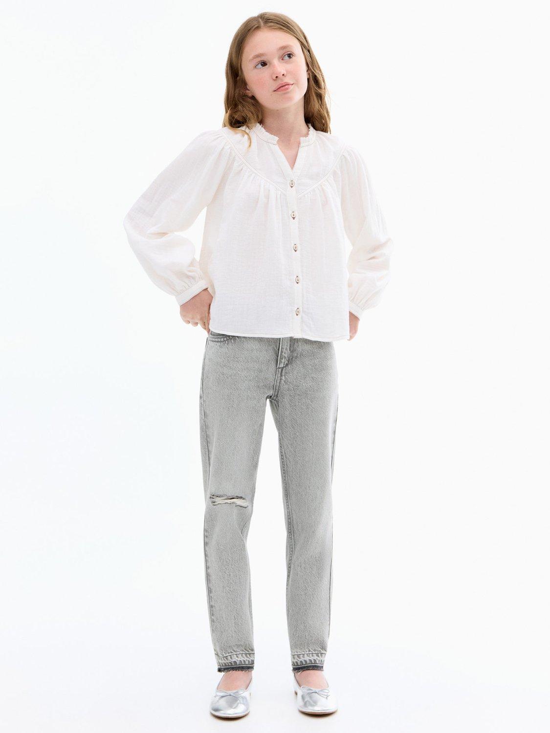 Product image 1 of 5, which shows Mango Kids' Mom Fit Decorative Fit Jeans, Open Grey, 7 years