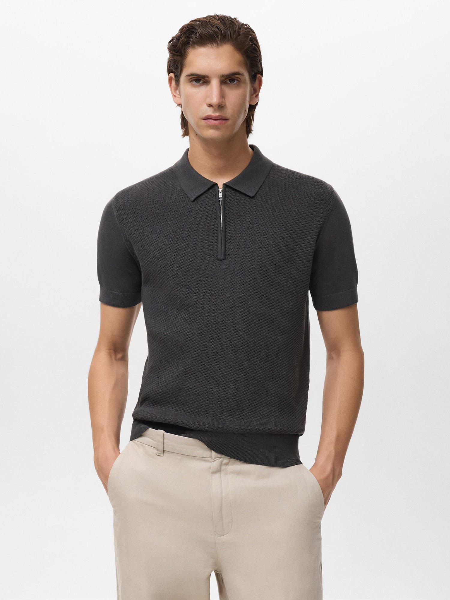 Product image 1 of 8, which shows Mango Canario Half Zip Cotton Polo Shirt, Charcoal, S