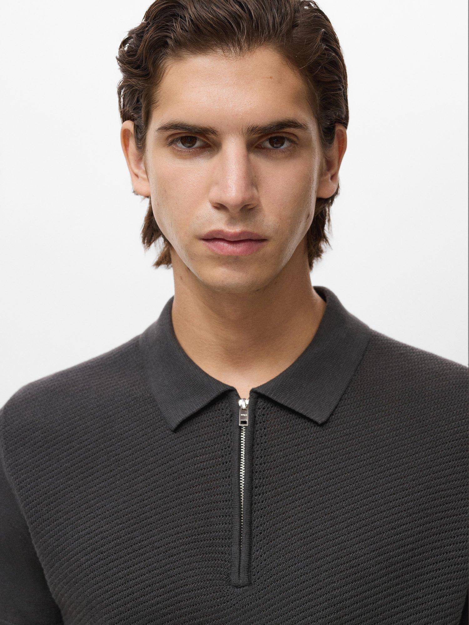 Product image 6 of 8, which shows Mango Canario Half Zip Cotton Polo Shirt, Charcoal, S