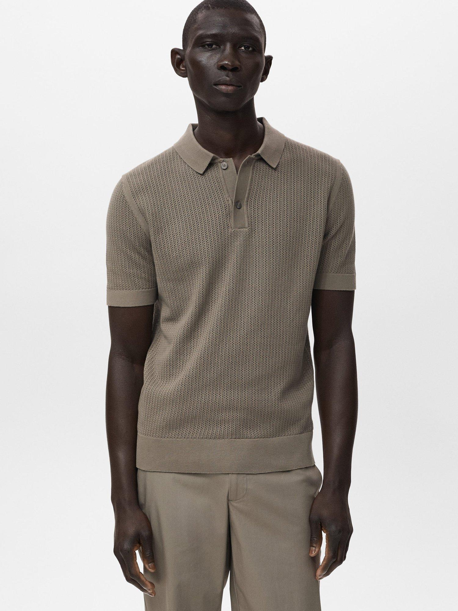 Product image 1 of 8, which shows Mango Cotton Regular Fit Short Sleeve Pointele Knit Polo Shirt, Dark Green, L