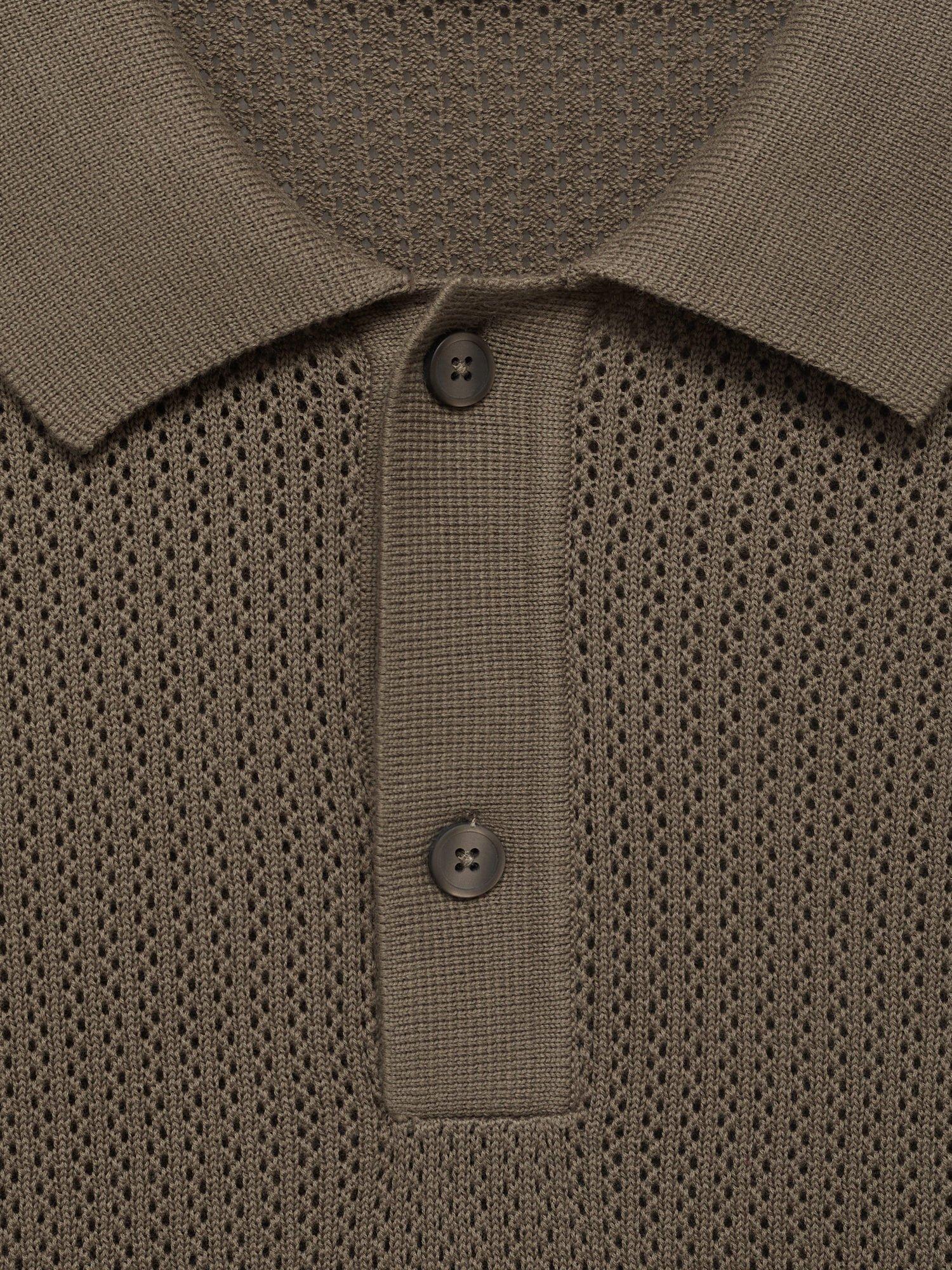 Product image 8 of 8, which shows Mango Cotton Regular Fit Short Sleeve Pointele Knit Polo Shirt, Dark Green, L