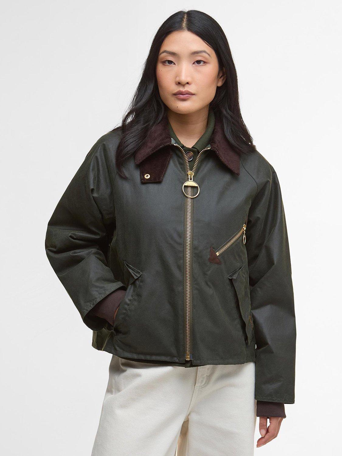 Product image 1 of 5, which shows Barbour Arlene Waxed Jacket, Fern/Ancient Tartan, 8