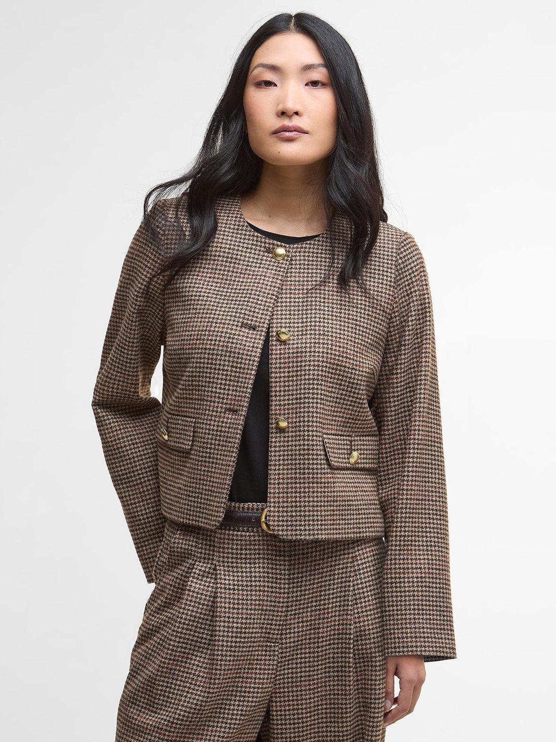 Product image 1 of 6, which shows Barbour Corina Collarless Dogtooth Jacket, Brown/Orange, 18