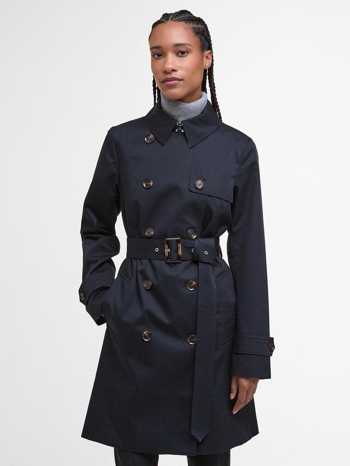 Product image 1 of 7, which shows Barbour Greta Showerproof Trench Coat, Dark Navy/Tartan, 8