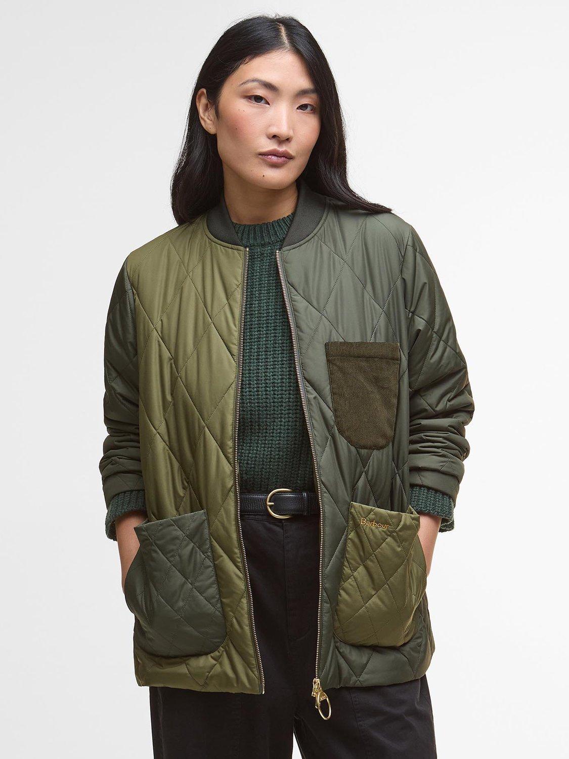 Product image 1 of 6, which shows Barbour Leonie Quilted Bomber Jacket, Olive/Dark Moss, 8