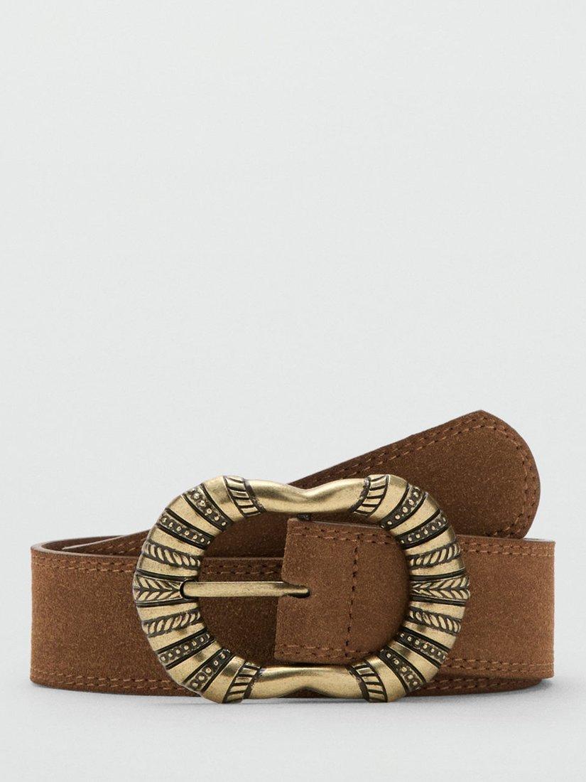 Product image 1 of 4, which shows Mango Ocho Engraved Buckle Suede Belt, Brown, M