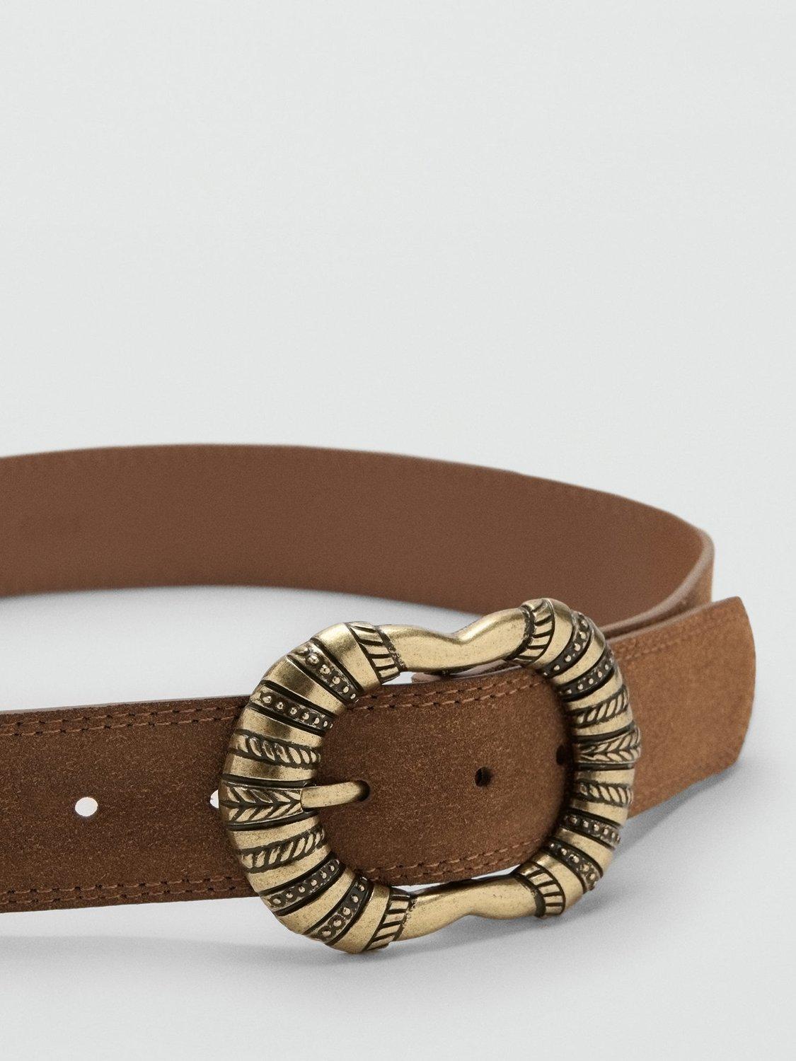 Product image 2 of 4, which shows Mango Ocho Engraved Buckle Suede Belt, Brown, M