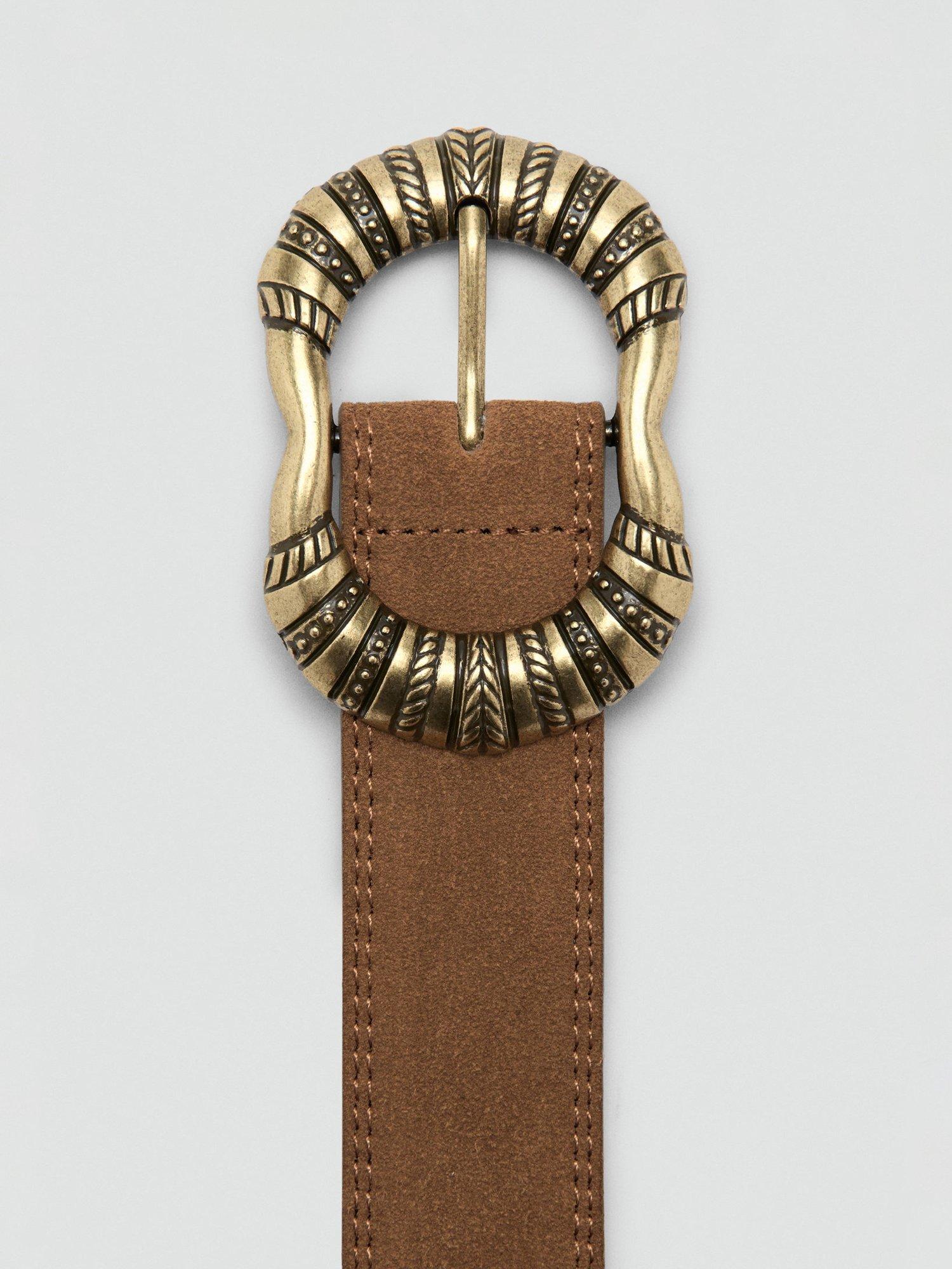 Product image 3 of 4, which shows Mango Ocho Engraved Buckle Suede Belt, Brown, M