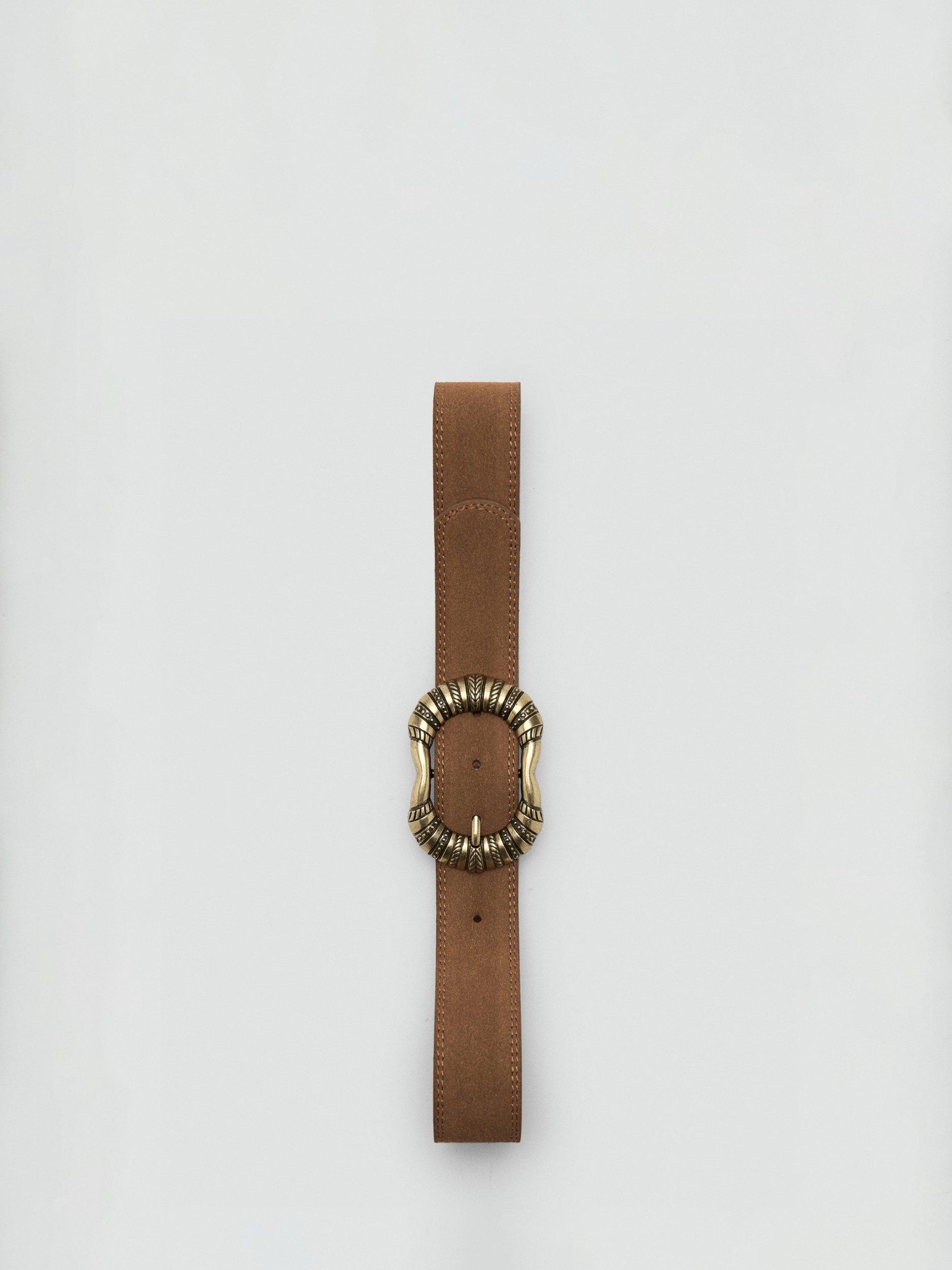 Product image 4 of 4, which shows Mango Ocho Engraved Buckle Suede Belt, Brown, M