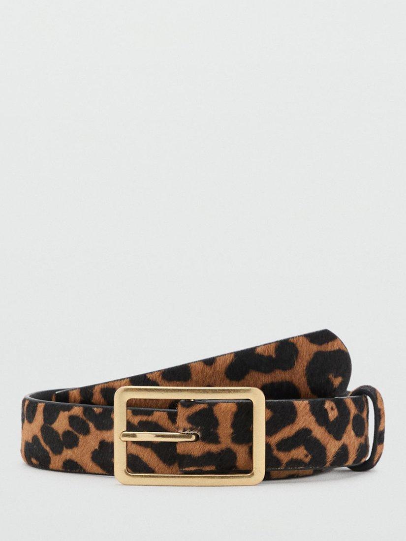 Product image 1 of 5, which shows Mango Leopard Print Textured Leather Belt, Brown, S