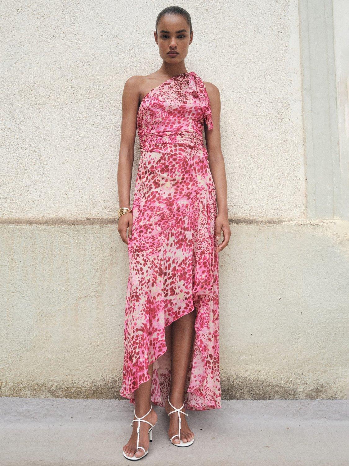 Product image 1 of 7, which shows Mango Corinne Sleeveless Asymmetric Neck Maxi Dress, Bright Pink, 10