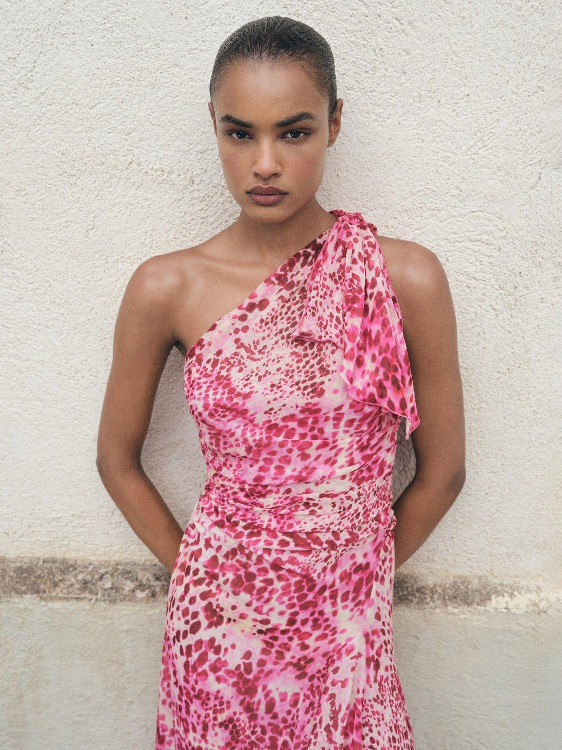 Product image 2 of 7, which shows Mango Corinne Sleeveless Asymmetric Neck Maxi Dress, Bright Pink, 10