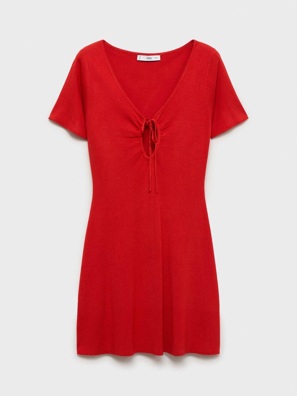 Product image 3 of 7, which shows Mango Foradada Short Sleeve V Neck Mini Dress, Red, 10