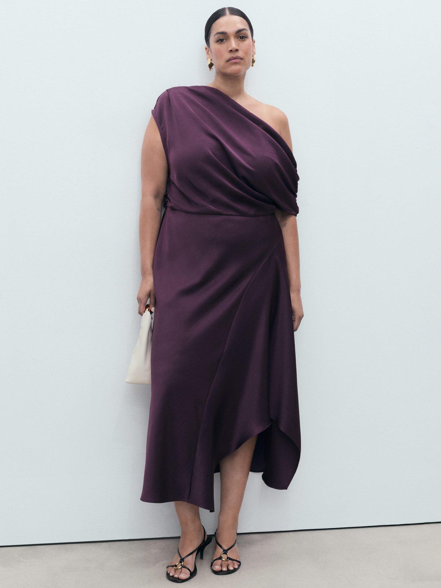 Product image 3 of 4, which shows Mango Mery One Shoulder Asymmetric Neck Draped Midi Dress, Medium Purple, 26