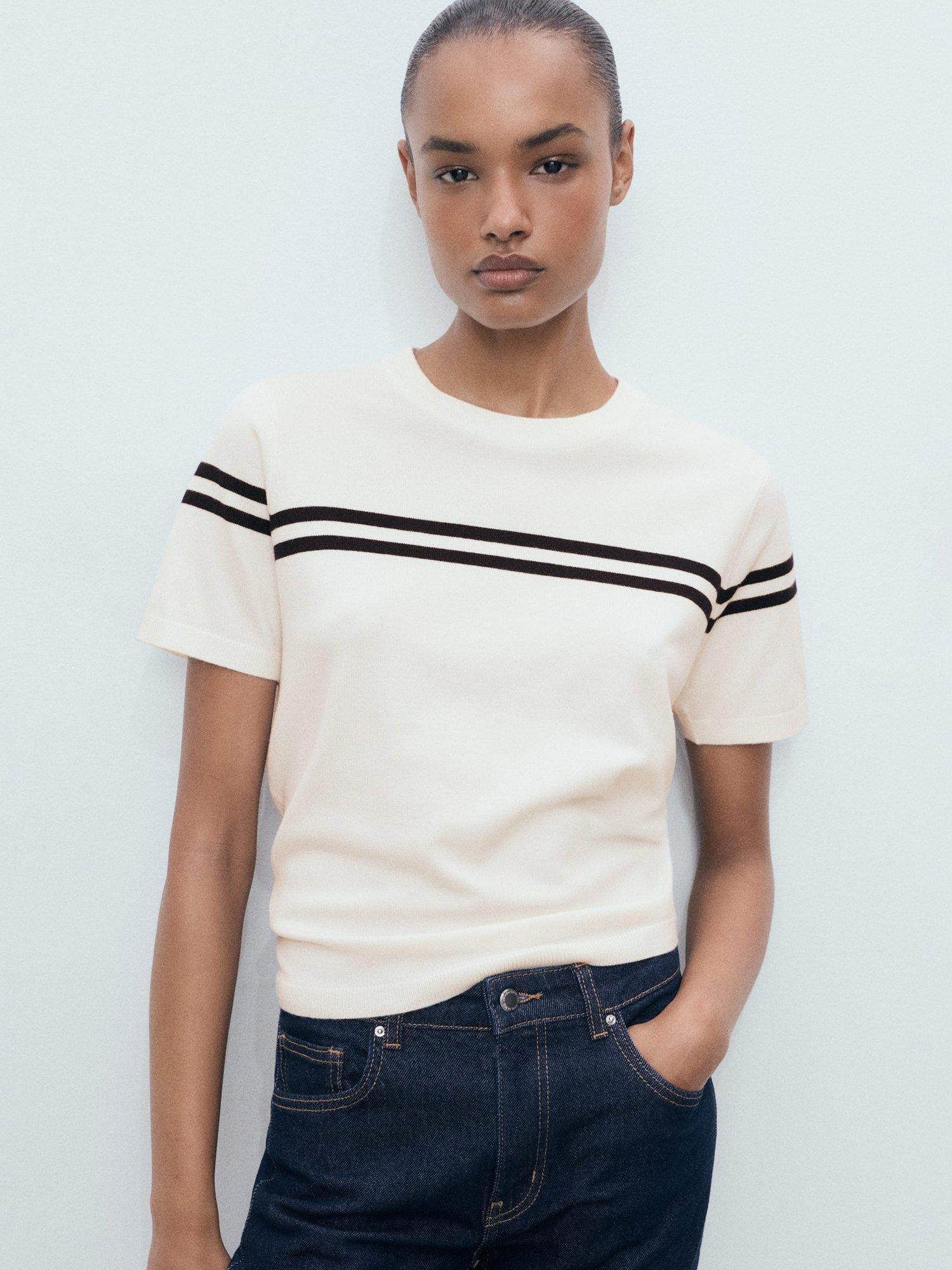 Product image 1 of 8, which shows Mango Arca Stripe Short Sleeve Jumper, Light Beige, M