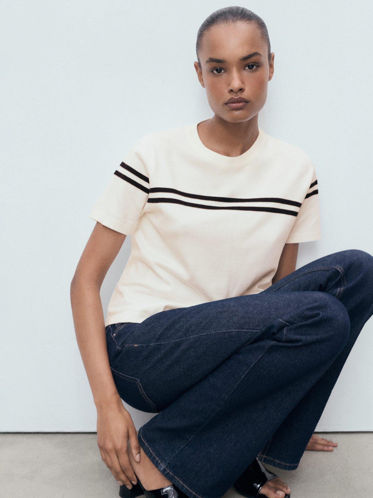 Product image 6 of 8, which shows Mango Arca Stripe Short Sleeve Jumper, Light Beige, M