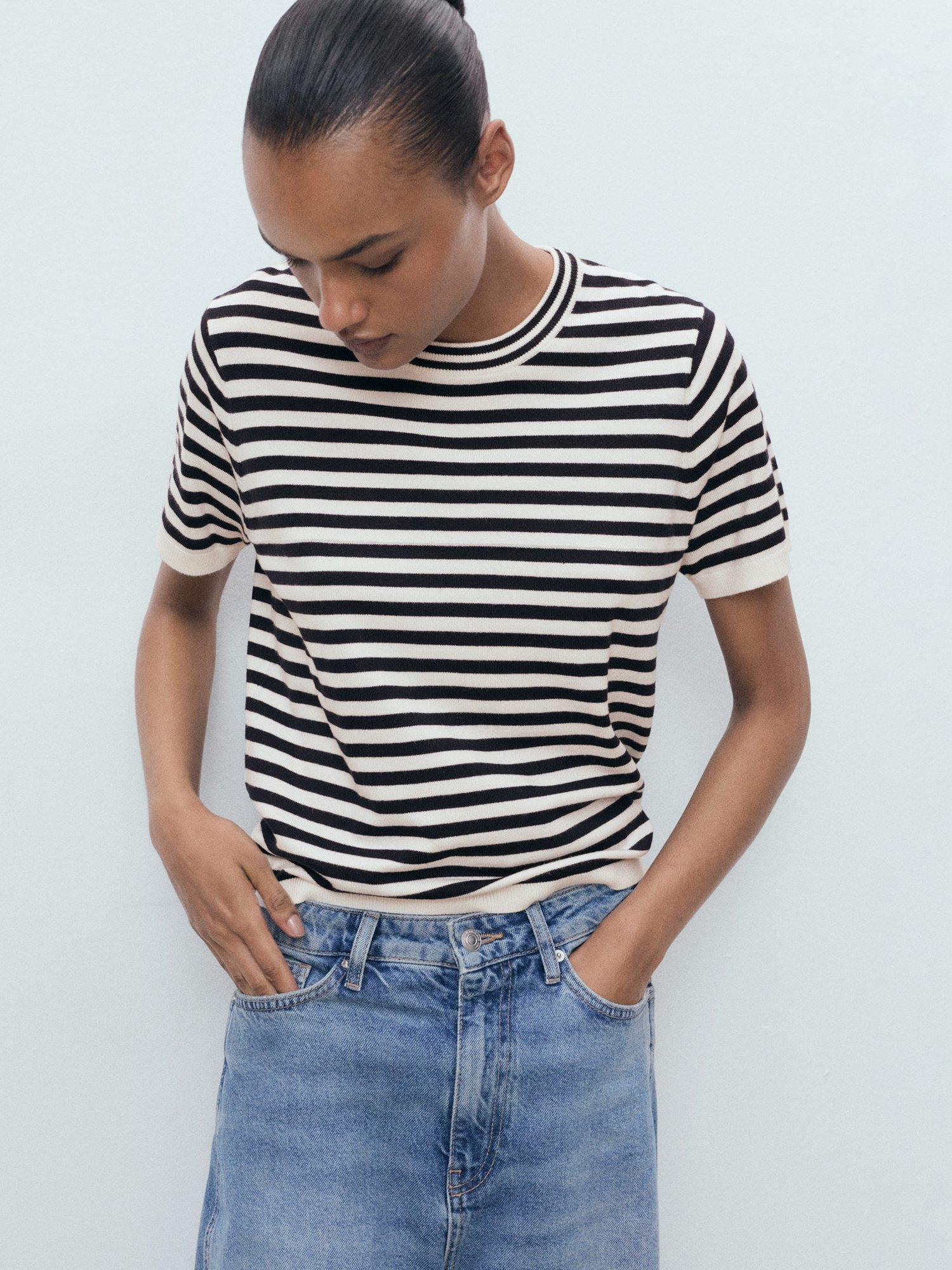 Product image 1 of 7, which shows Mango Arca Stripe Short Sleeve Jumper, Navy/Multi, L