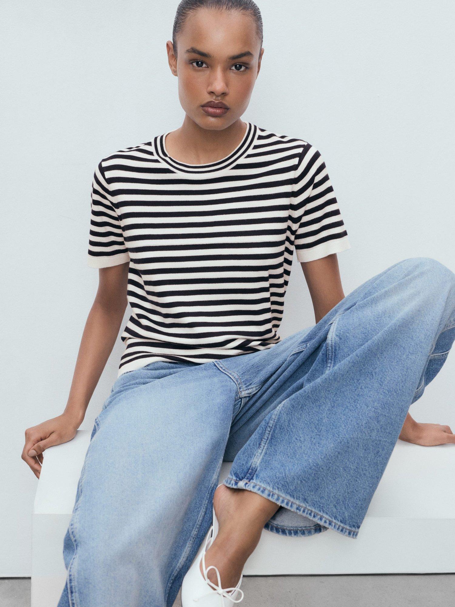 Product image 6 of 7, which shows Mango Arca Stripe Short Sleeve Jumper, Navy/Multi, L