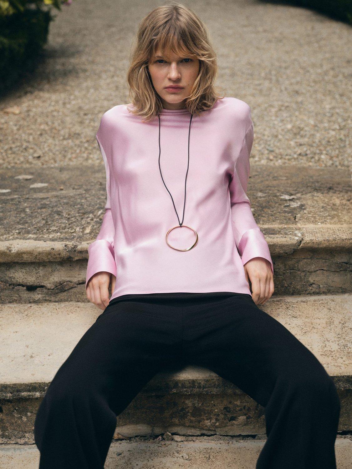 Product image 1 of 6, which shows Mango Galban Satin Top, Pastel Pink, 10