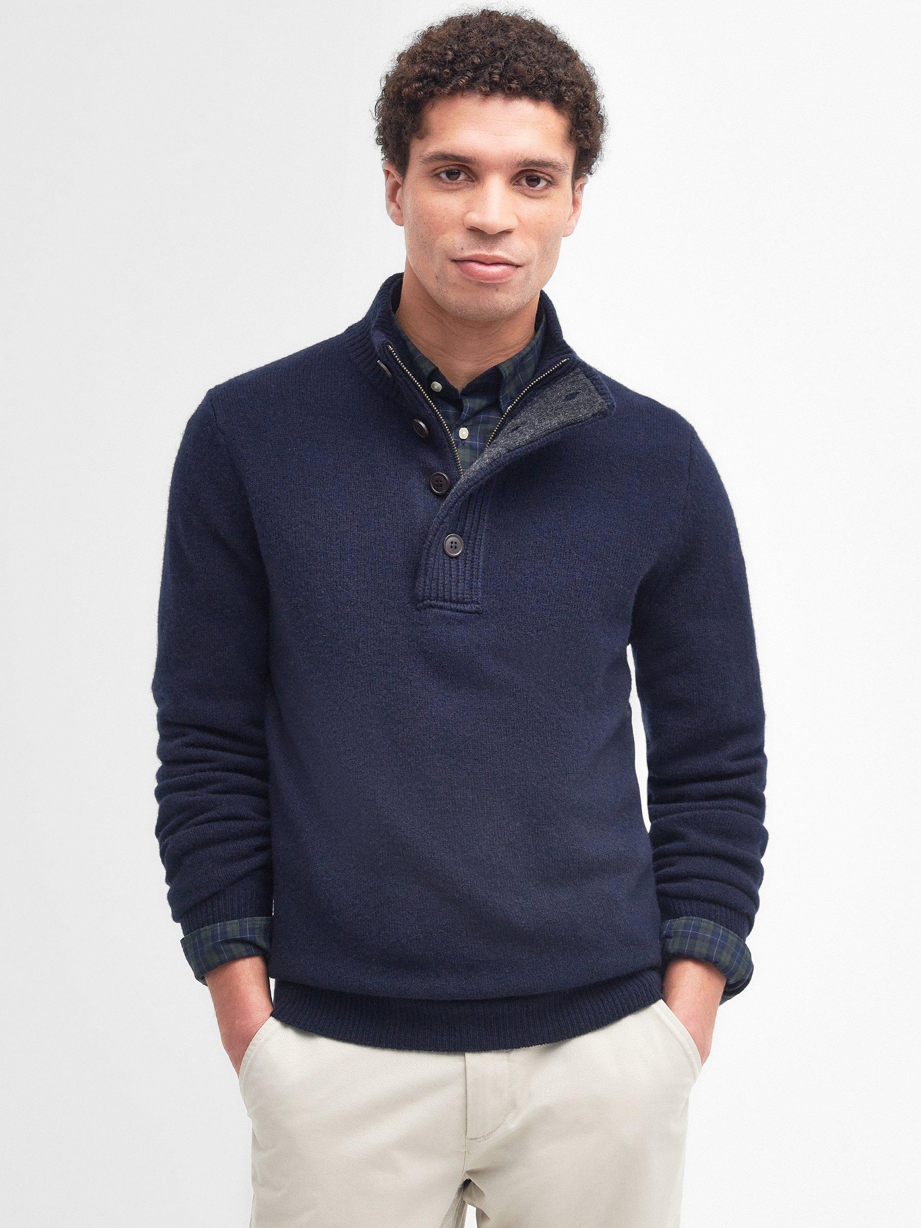 Product image 1 of 11, which shows Barbour Wool Button-Up Funnel Neck Jumper, Navy, M