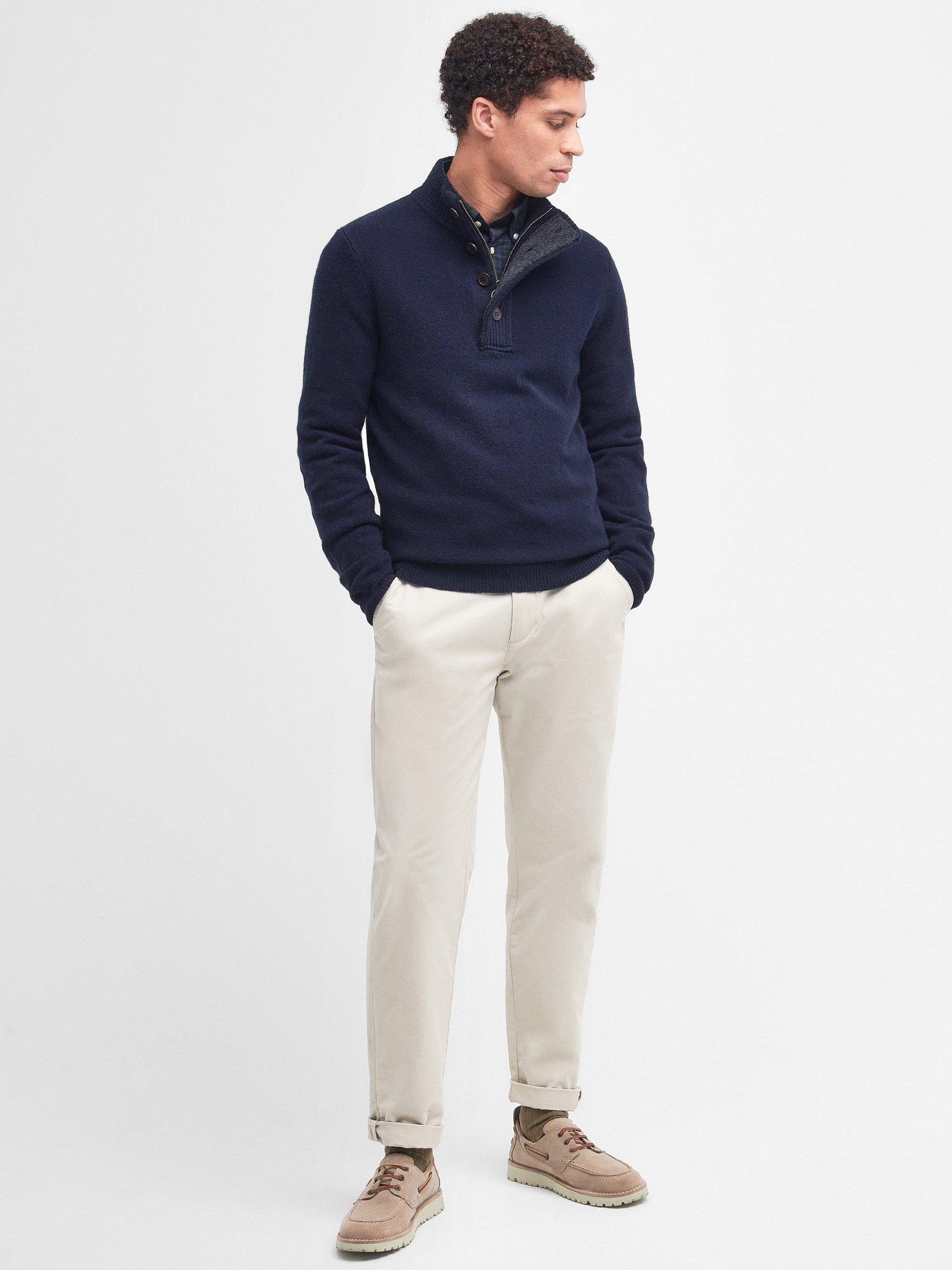 Product image 3 of 11, which shows Barbour Wool Button-Up Funnel Neck Jumper, Navy, M