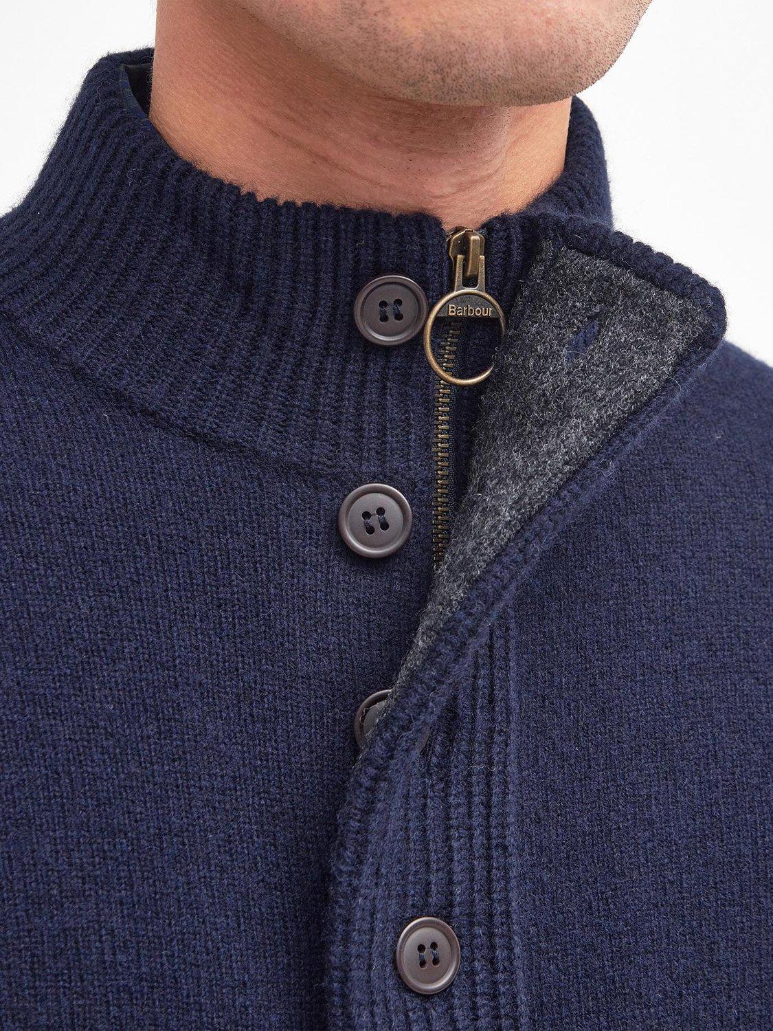 Product image 6 of 11, which shows Barbour Wool Button-Up Funnel Neck Jumper, Navy, M