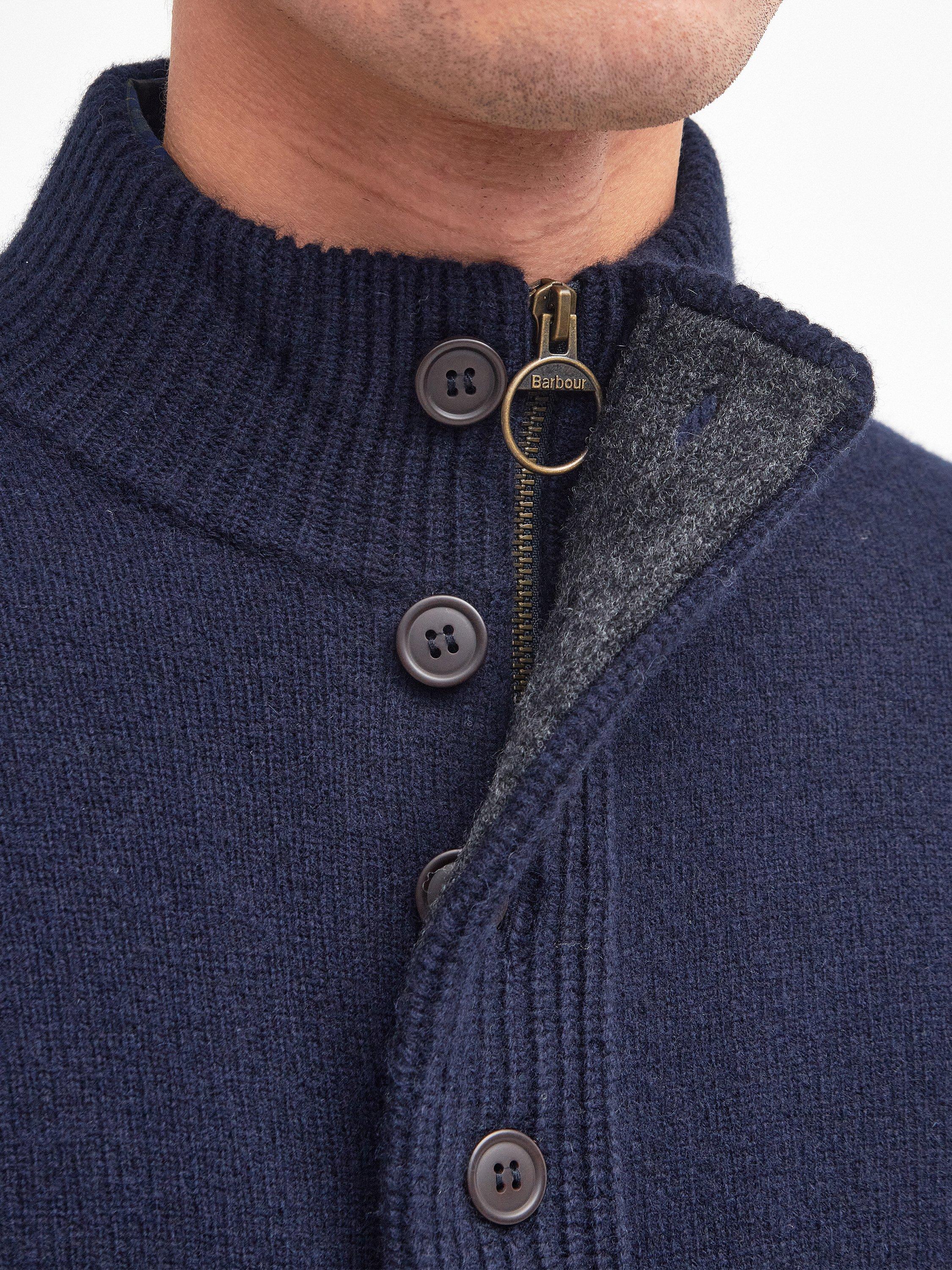 Product image 9 of 11, which shows Barbour Wool Button-Up Funnel Neck Jumper, Navy, M