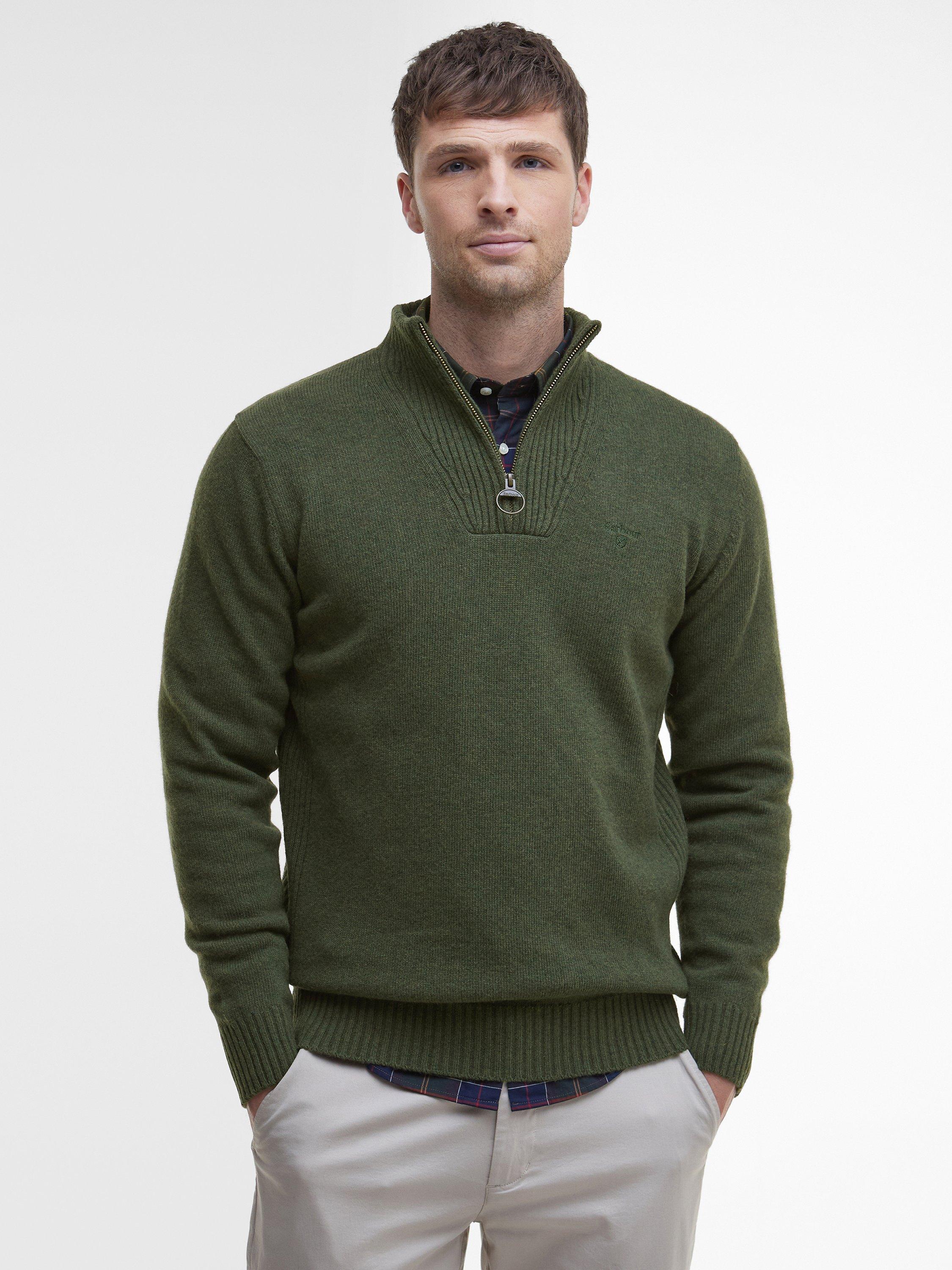 Product image 1 of 11, which shows Barbour Soft Lambswool Funnel Neck Jumper, Mid Olive, M