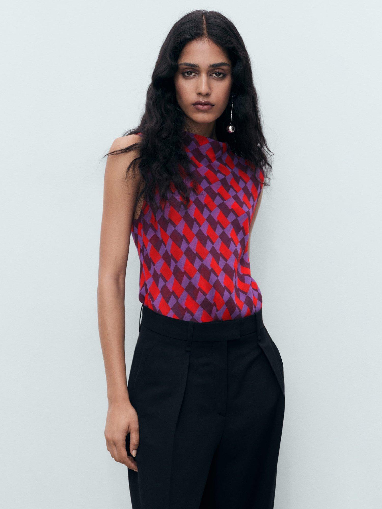 Product image 1 of 9, which shows Mango Martina Geometric Cowl Neck Sleeveless Blouse, Purple/Multi, 10