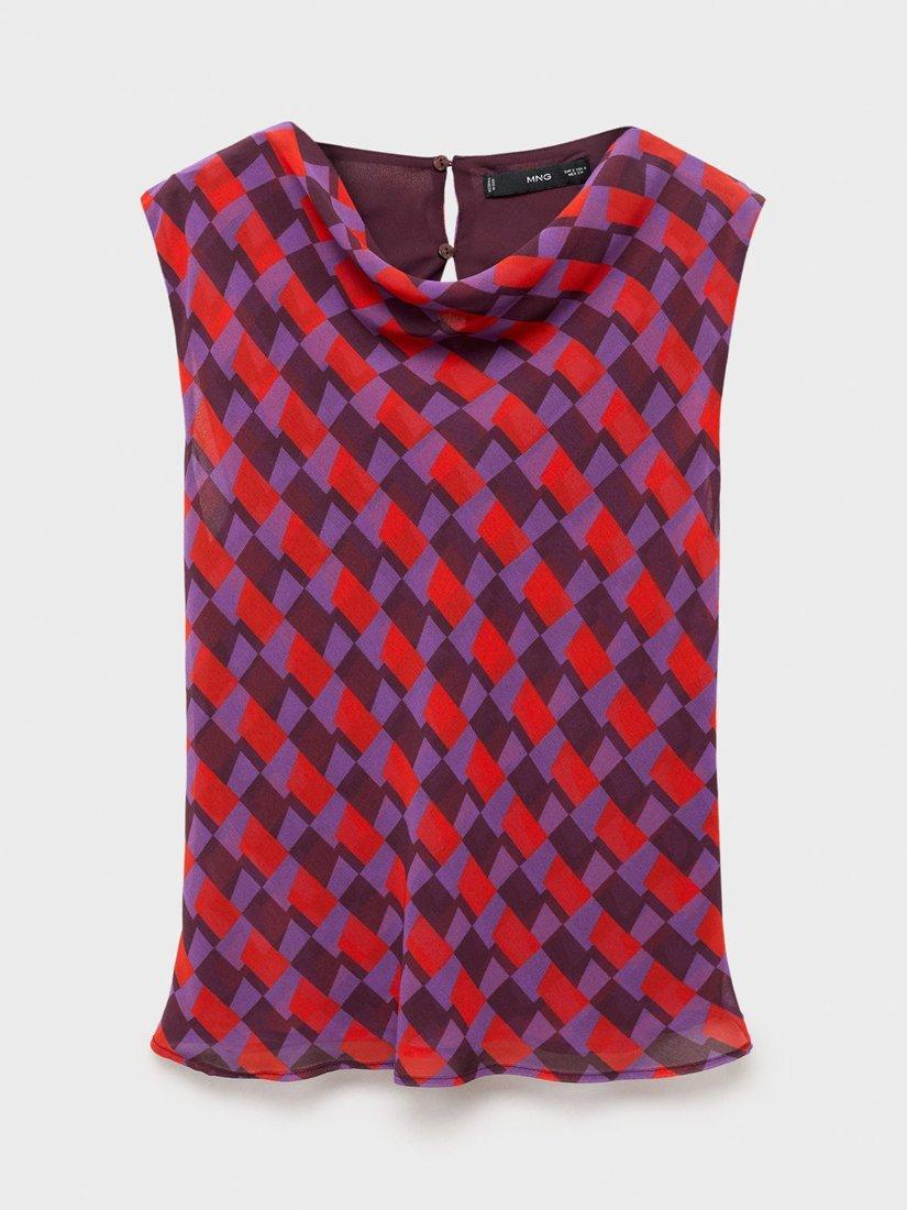 Product image 3 of 9, which shows Mango Martina Geometric Cowl Neck Sleeveless Blouse, Purple/Multi, 10