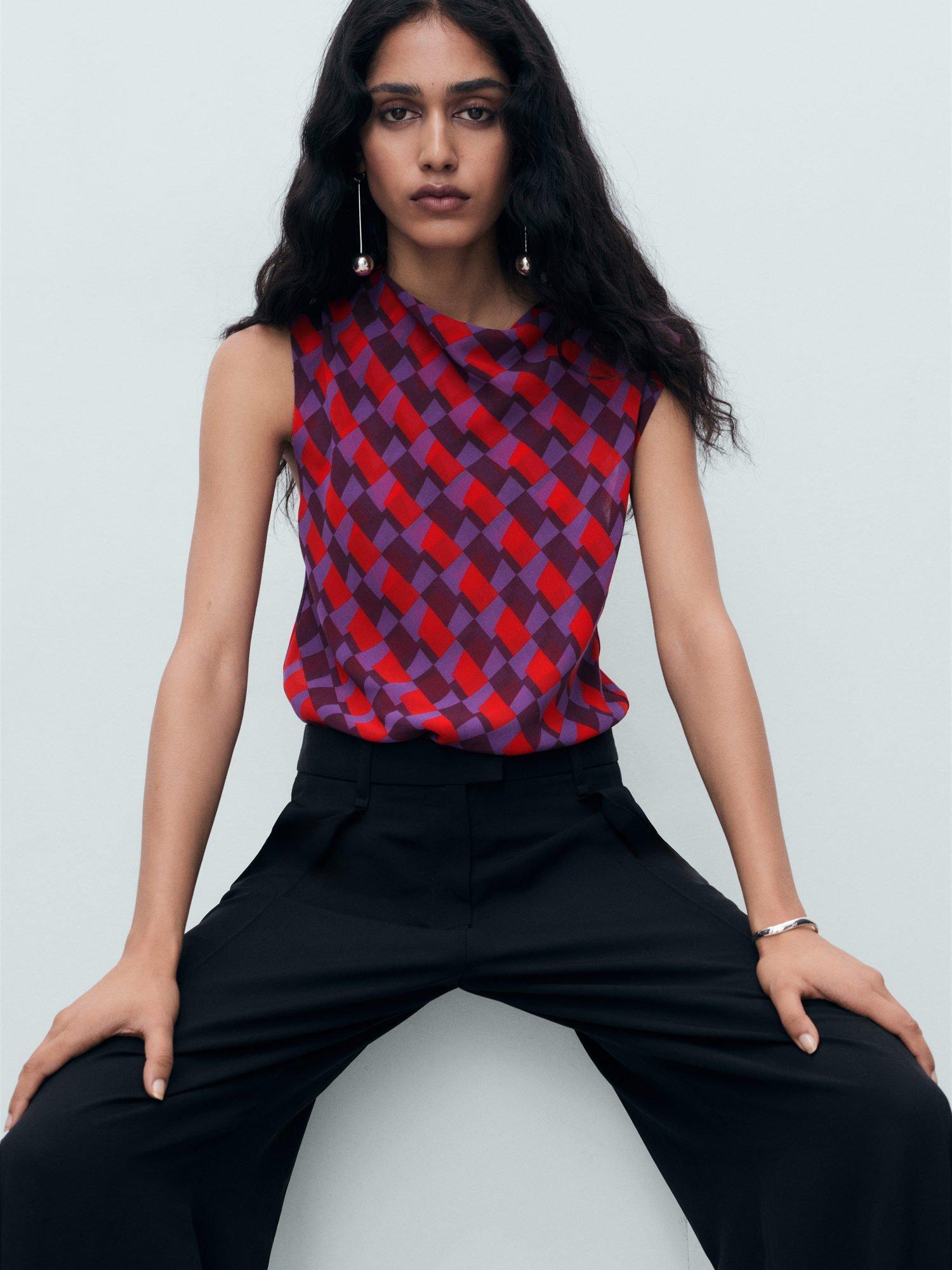 Product image 7 of 9, which shows Mango Martina Geometric Cowl Neck Sleeveless Blouse, Purple/Multi, 10